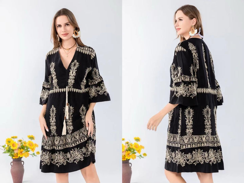 Floral Embroidered Bohemian Mini Dress-SHW2502