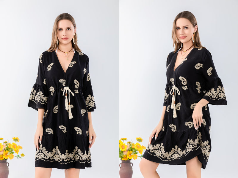 Paisley Embroidered Boho Mini Dress-SHW2503