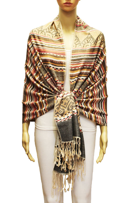 Bohemian Striped Fringe Shawl-BH2101