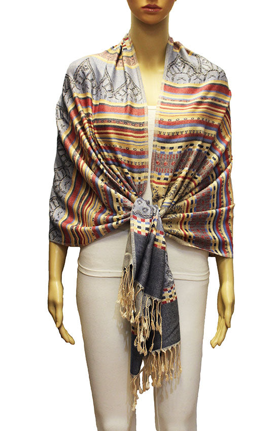 Bohemian Striped Fringe Shawl-BH2101