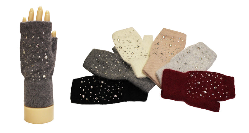 Rhinestone Rabbit Fur Fingerless Gloves-GF1906