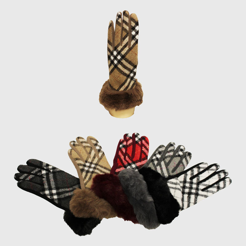 Plaid Gloves with Faux Fur-GF2206