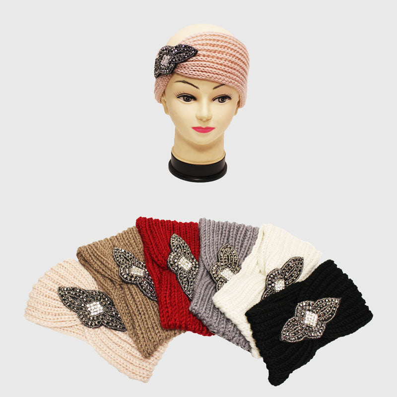 Knit Headband with Beaded Leaf Accent - HB2204
