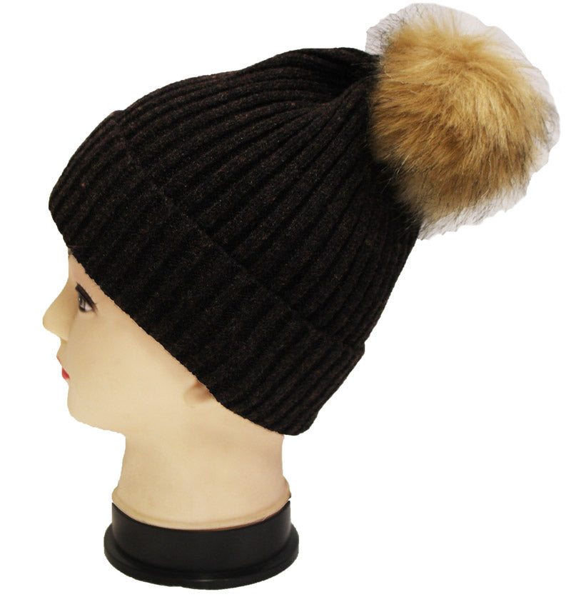 Knitted Beanie with  Fur Pom- HT1807