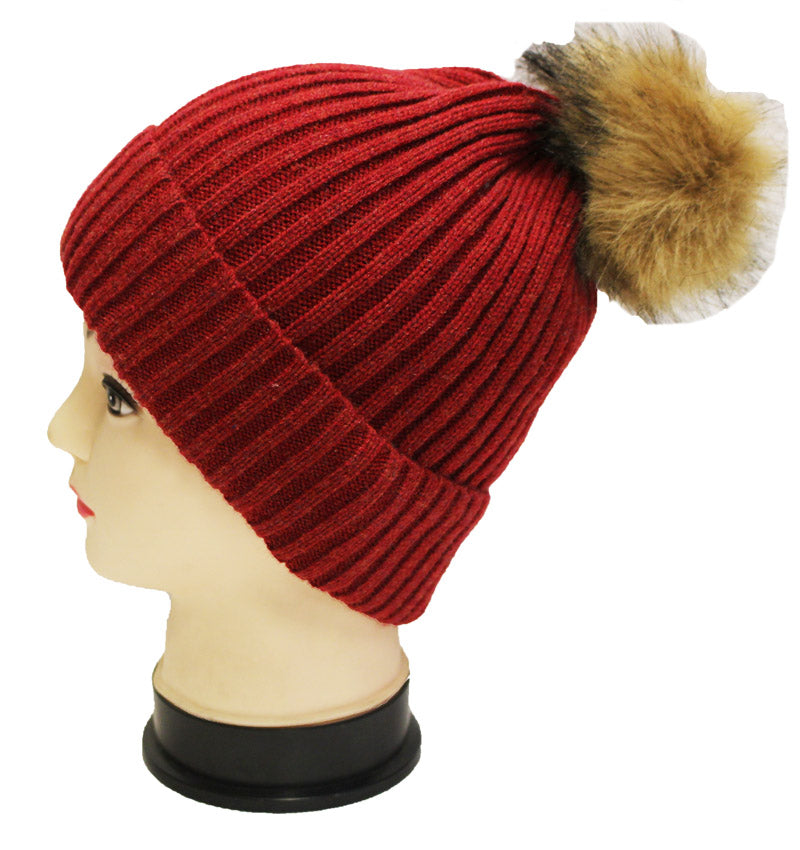 Knitted Beanie with  Fur Pom- HT1807
