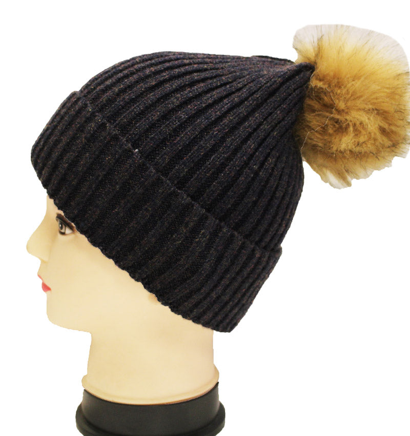 Knitted Beanie with  Fur Pom- HT1807