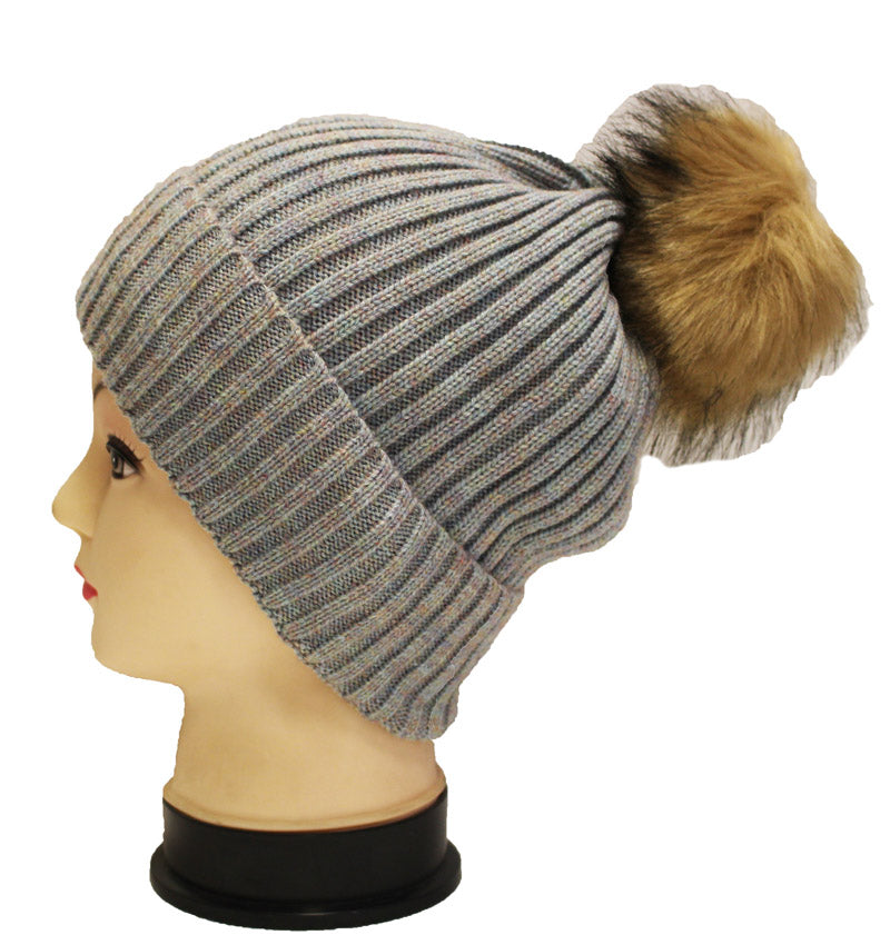 Knitted Beanie with  Fur Pom- HT1807