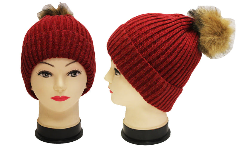 Knitted Beanie with  Fur Pom- HT1807