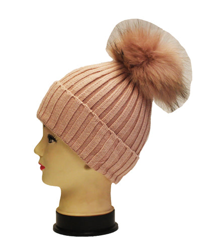 Knitted Fox Fur Pom-Pom Beanie - HT1902