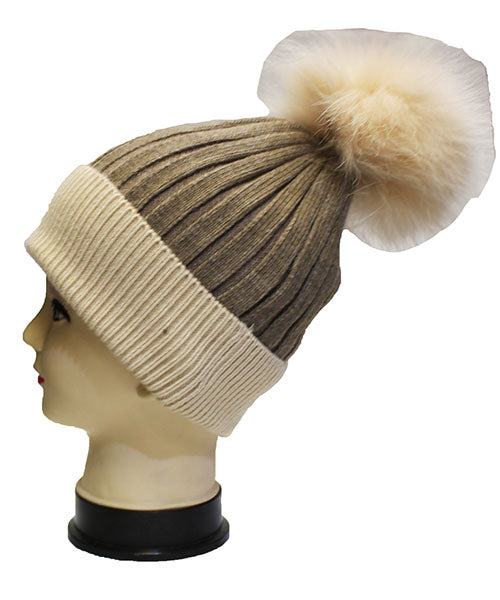 Two-Tone Knit Beanie with Fur Pom - HT2003