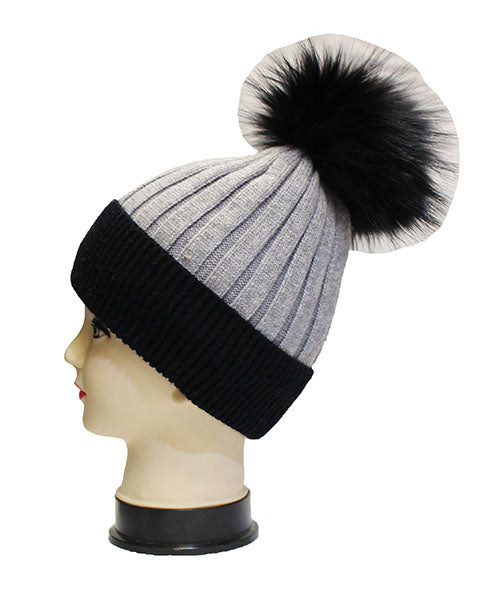 Two-Tone Knit Beanie with Fur Pom - HT2003