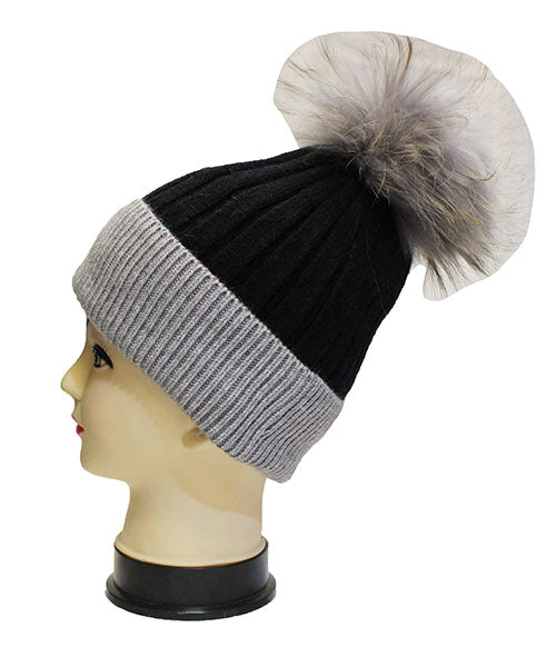 Two-Tone Knit Beanie with Fur Pom - HT2003
