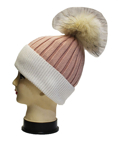 Two-Tone Knit Beanie with Fur Pom - HT2003