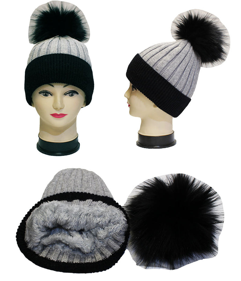 Two-Tone Knit Beanie with Fur Pom - HT2003