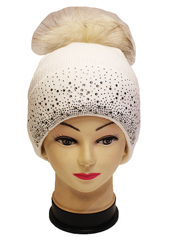 Rhinestone Beanie with Fur Pom - HT2101