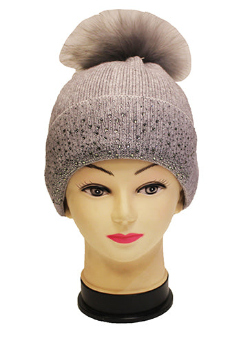 Rhinestone Beanie with Fur Pom - HT2101