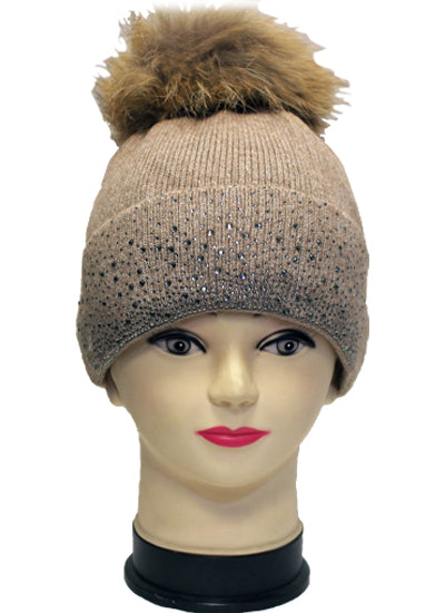 Rhinestone Beanie with Fur Pom - HT2101