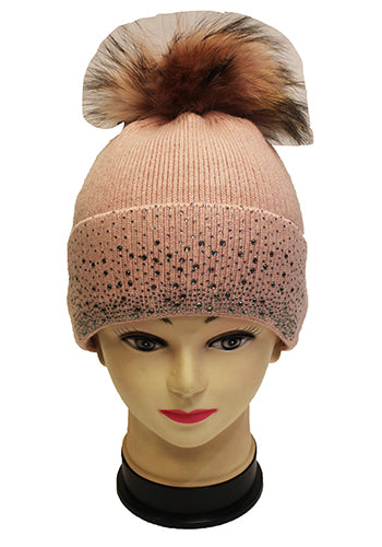 Rhinestone Beanie with Fur Pom - HT2101