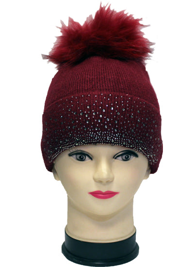 Rhinestone Beanie with Fur Pom - HT2101