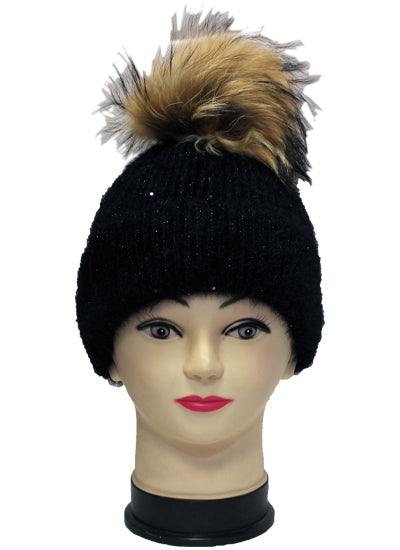 Sparkly Knit Beanie with Fox Fur Pom- HT2102
