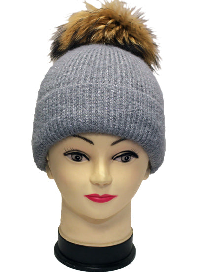 Sparkly Knit Beanie with Fox Fur Pom- HT2102
