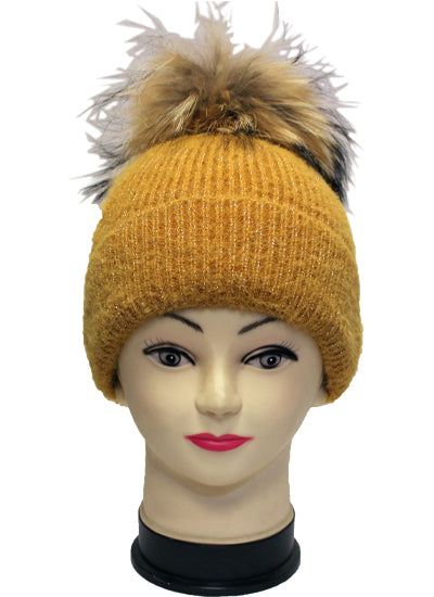 Sparkly Knit Beanie with Fox Fur Pom- HT2102