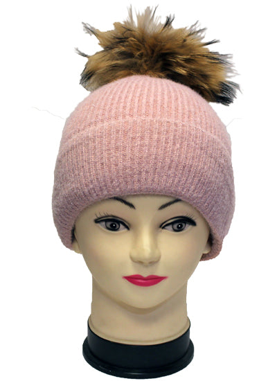 Sparkly Knit Beanie with Fox Fur Pom- HT2102