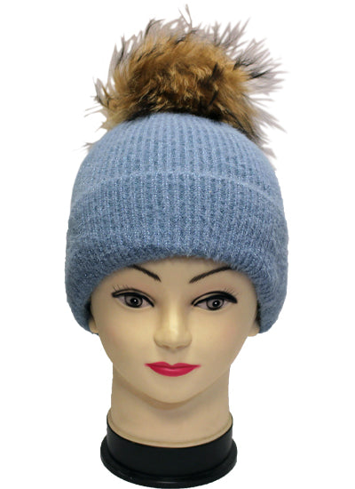 Sparkly Knit Beanie with Fox Fur Pom- HT2102