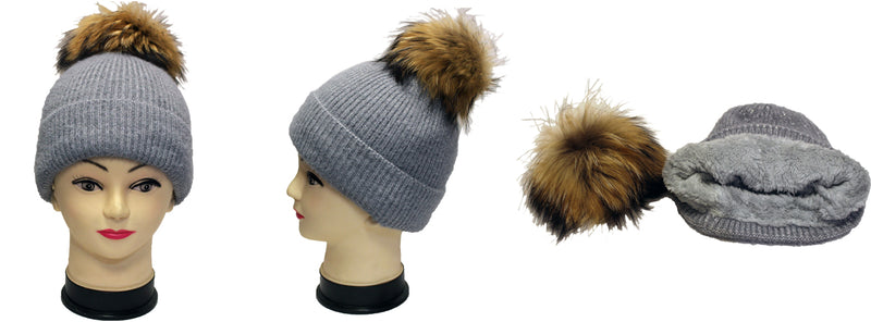 Sparkly Knit Beanie with Fox Fur Pom- HT2102