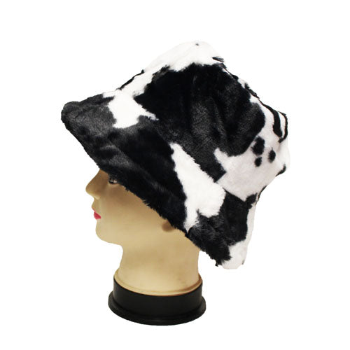 Cow Print Faux Fur Bucket Hat-HT2202
