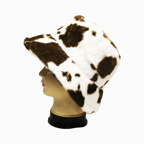 Cow Print Faux Fur Bucket Hat-HT2202