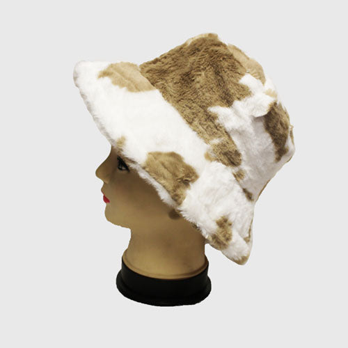 Cow Print Faux Fur Bucket Hat-HT2202