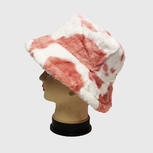 Cow Print Faux Fur Bucket Hat-HT2202