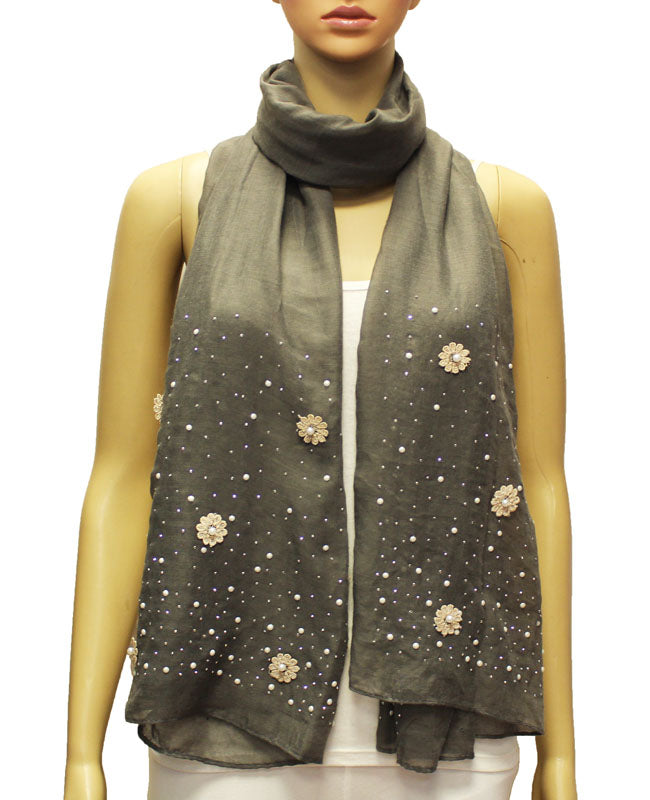 Embellished Floral Pearl Accent Scarf-S2004
