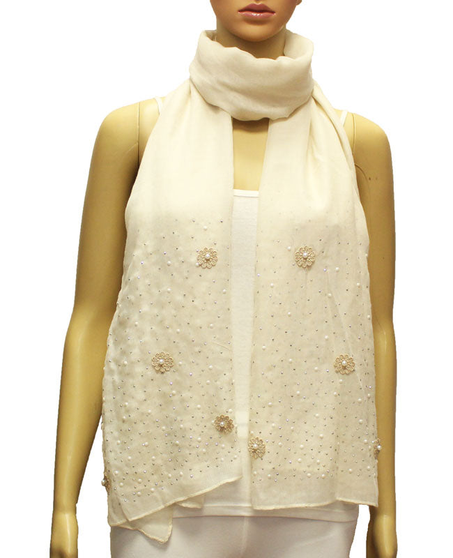 Embellished Floral Pearl Accent Scarf-S2004
