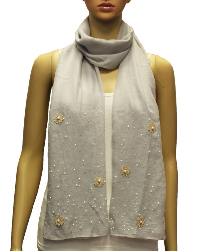 Embellished Floral Pearl Accent Scarf-S2004