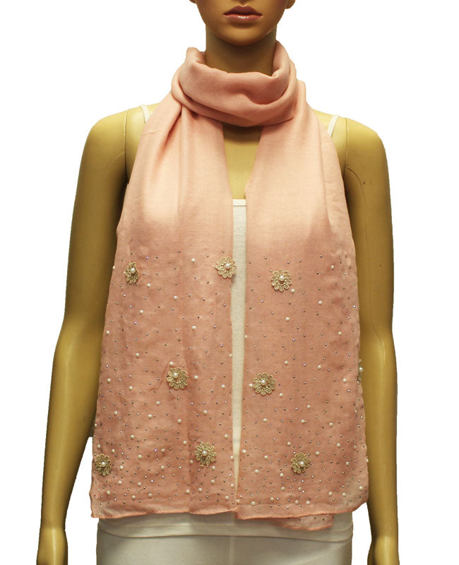 Embellished Floral Pearl Accent Scarf-S2004