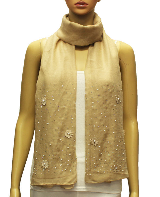 Embellished Floral Pearl Accent Scarf-S2004