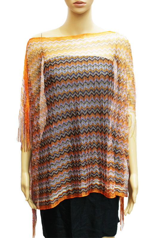 Chevron Knit Fringe Poncho-SHW026