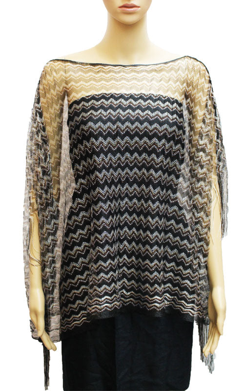 Chevron Knit Fringe Poncho-SHW026
