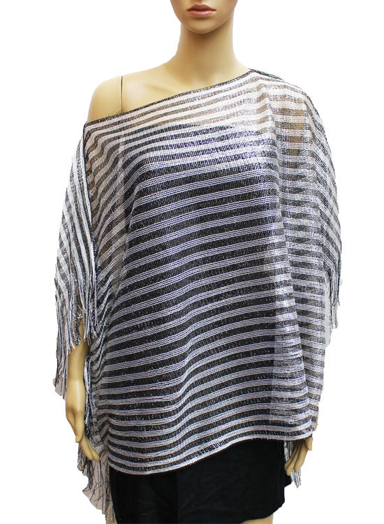 Striped Sheer Fringe Poncho-SHW028