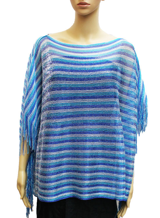Striped Sheer Fringe Poncho-SHW028