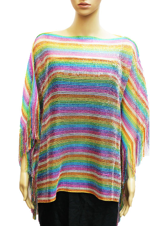 Striped Sheer Fringe Poncho-SHW028