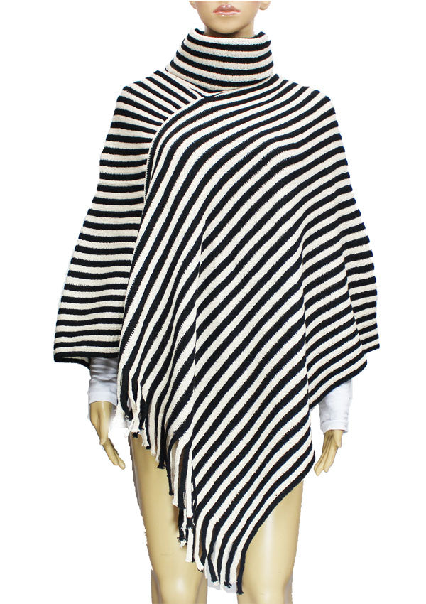 Striped Knit Turtleneck Poncho - SHW1503-01