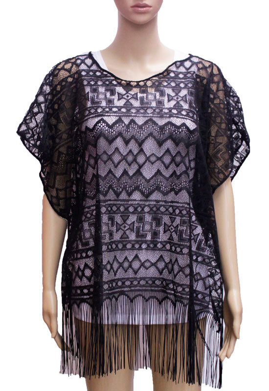 Boho Sheer Fringe Poncho-SHW1613
