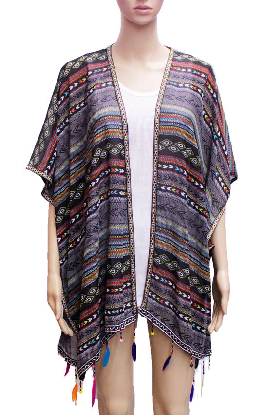 Boho Feather Trim Kimono-SHW1614