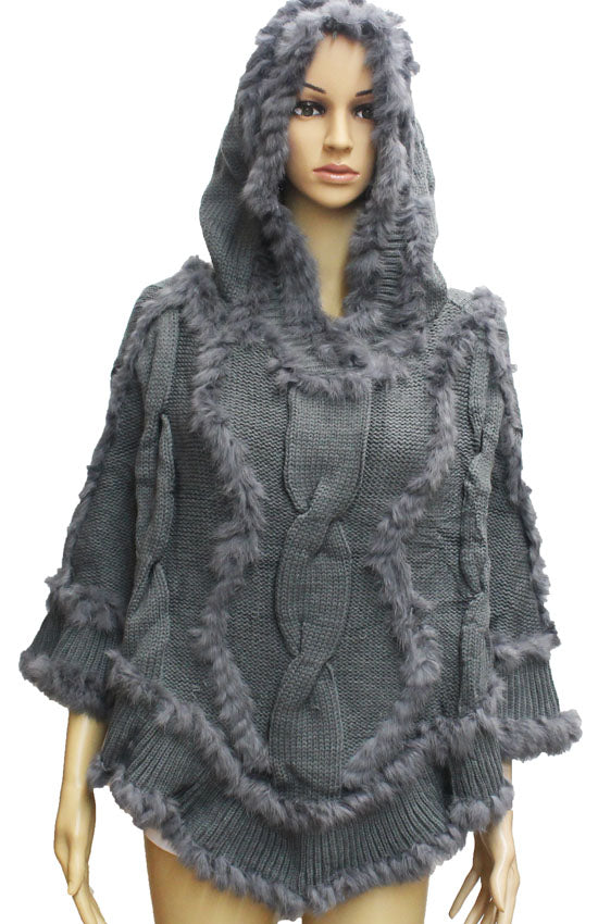 Knitted Poncho with Fur-SHW1625