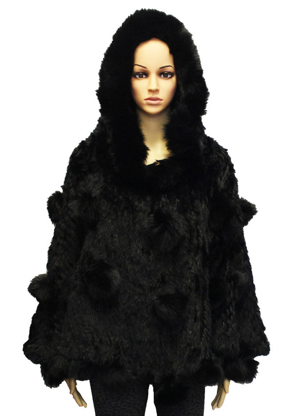 Rabbit Fur Pom-Pom Hooded Cape - SHW1812
