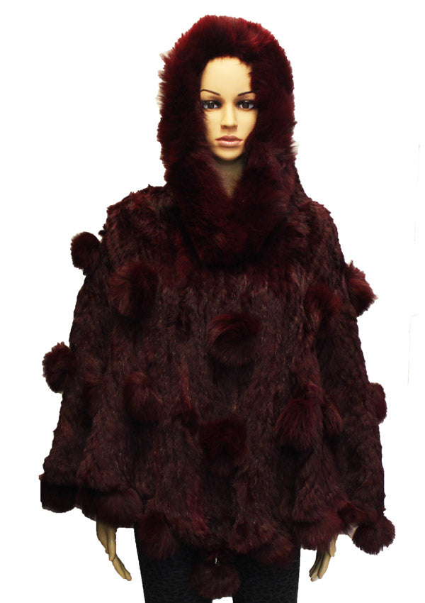 Rabbit Fur Pom-Pom Hooded Cape - SHW1812