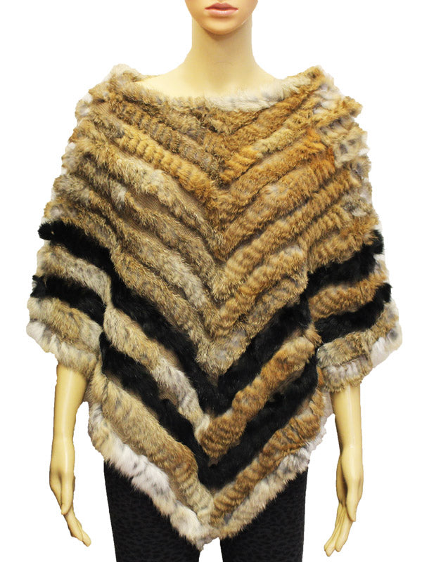 Chevron Pattern Rabbit Fur Poncho-SHW1816